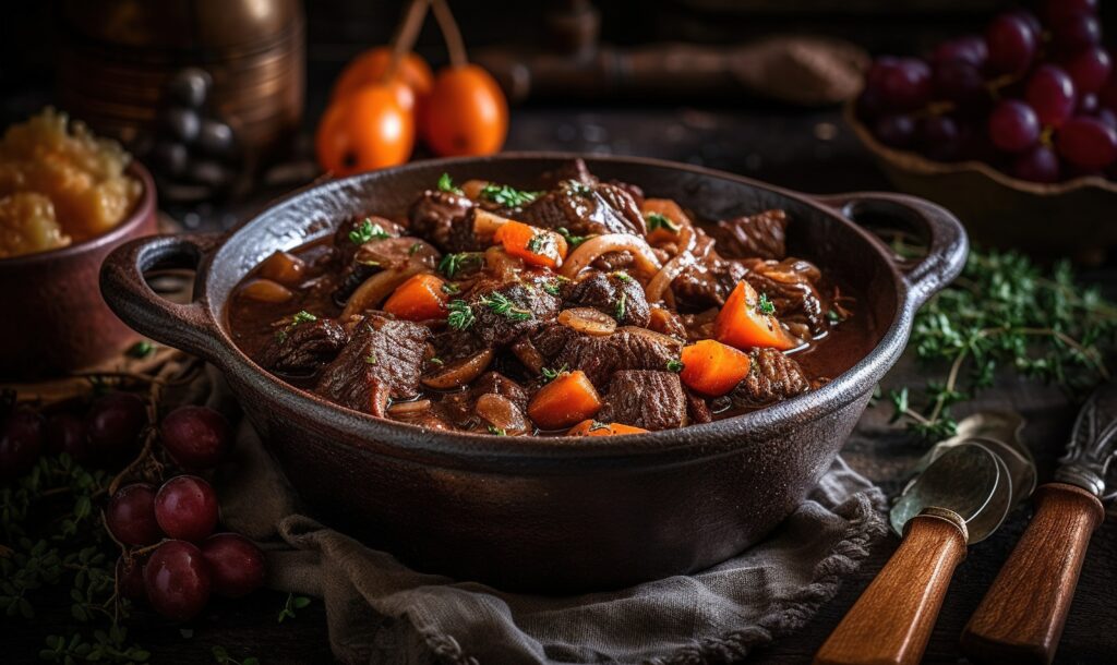 a pot of beef stew with carrots, grapes, and bread. generative