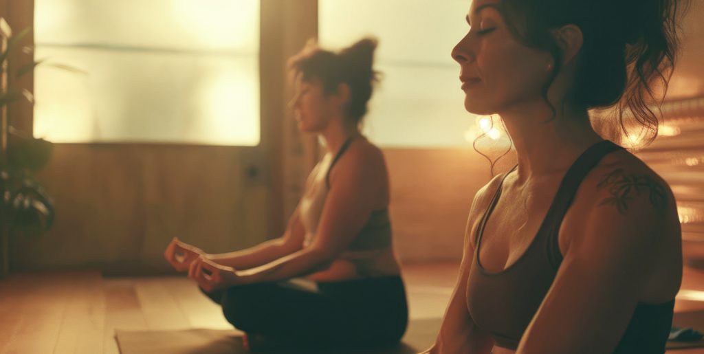 two women practicing yoga in a studio, focused on their breathing and meditation