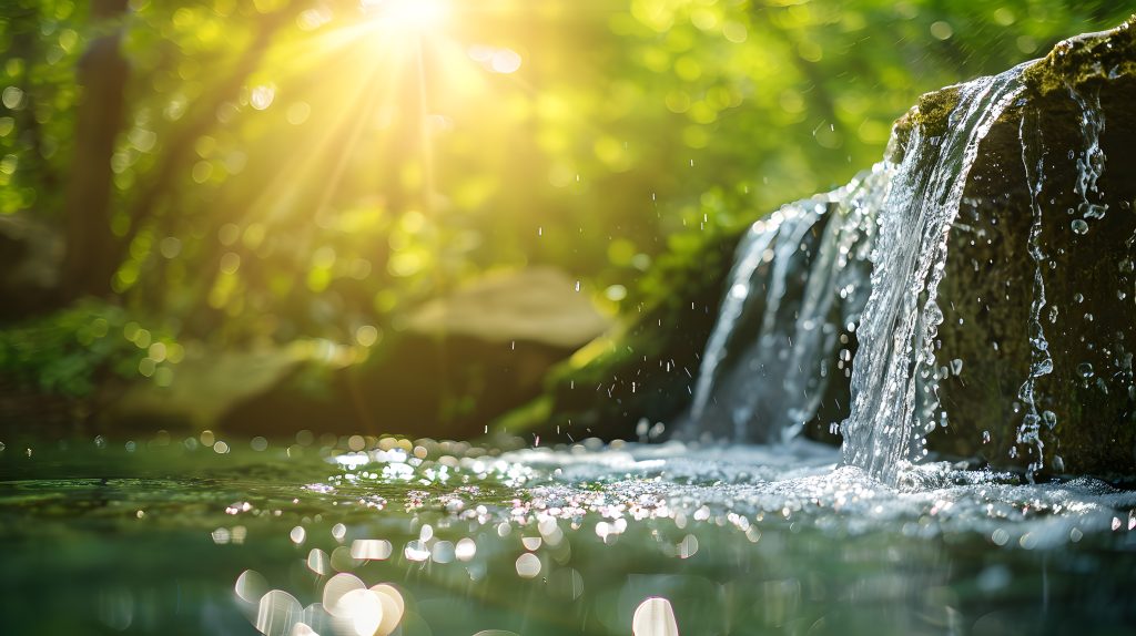 water falling from the sky, water droplets in closeup on a green background with sunlight. a water fountain with a natural spring stream or river.